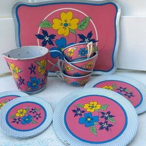 Vintage Ohio Art Tin Litho Tea Set Flowers Floral Pink Blue Toy Plate Cup Tray